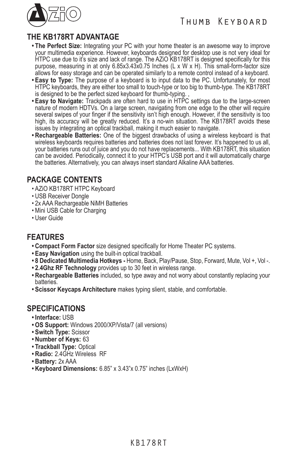 Thumb keyboard, Kb178rt, The kb178rt advantage | Package contents, Features, Specifications | Azio Mini Thumb Keyboard w/ Trackball (KB178RT) User Manual | Page 2 / 6