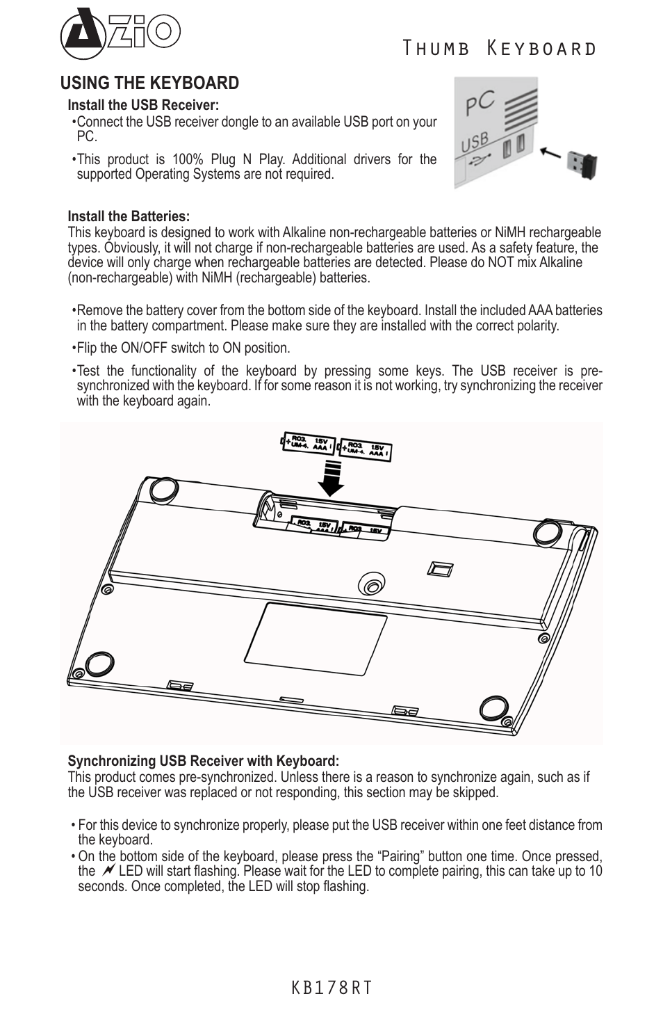 Thumb keyboard, Kb178rt, Using the keyboard | Azio Mini Thumb Keyboard w/ Trackball (KB178RT) User Manual | Page 4 / 6