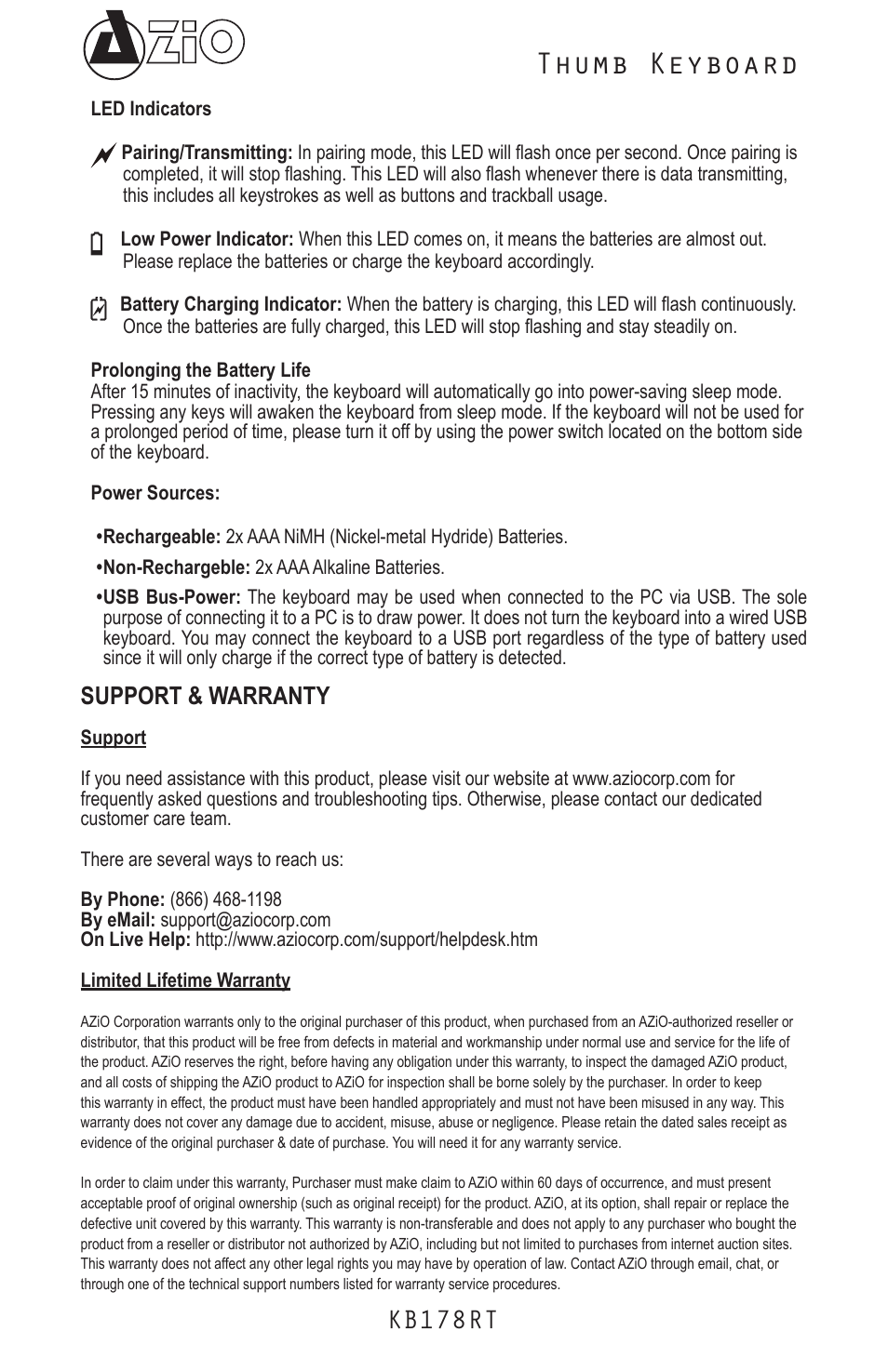 Thumb keyboard, Kb178rt, Support & warranty | Azio Mini Thumb Keyboard w/ Trackball (KB178RT) User Manual | Page 5 / 6