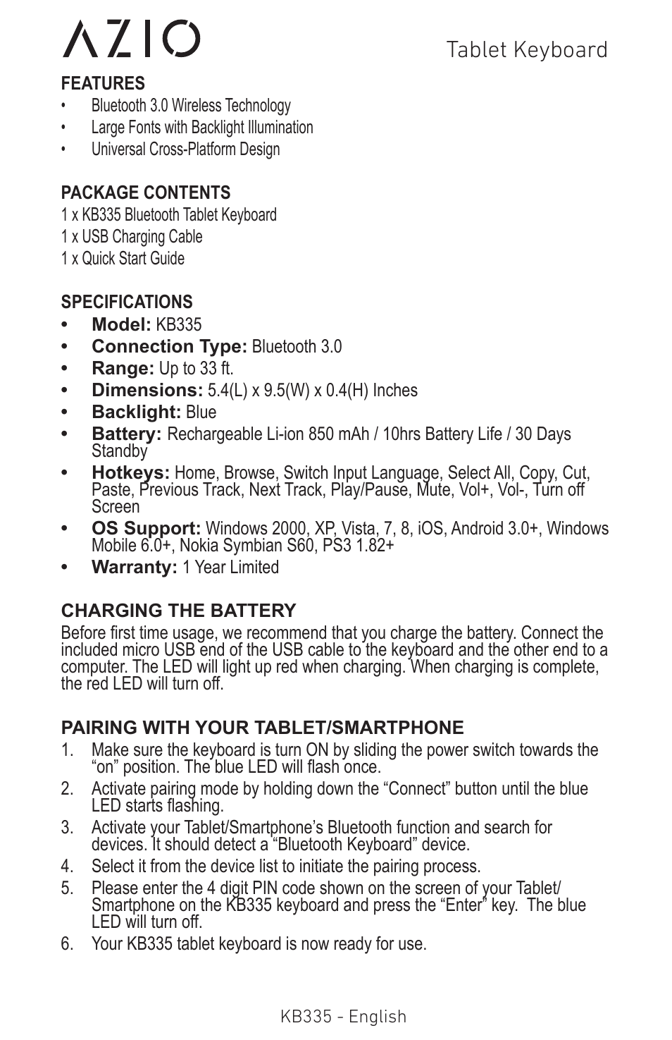 Tablet keyboard | Azio Backlit Bluetooth Tablet Keyboard (KB335) User Manual | Page 2 / 5