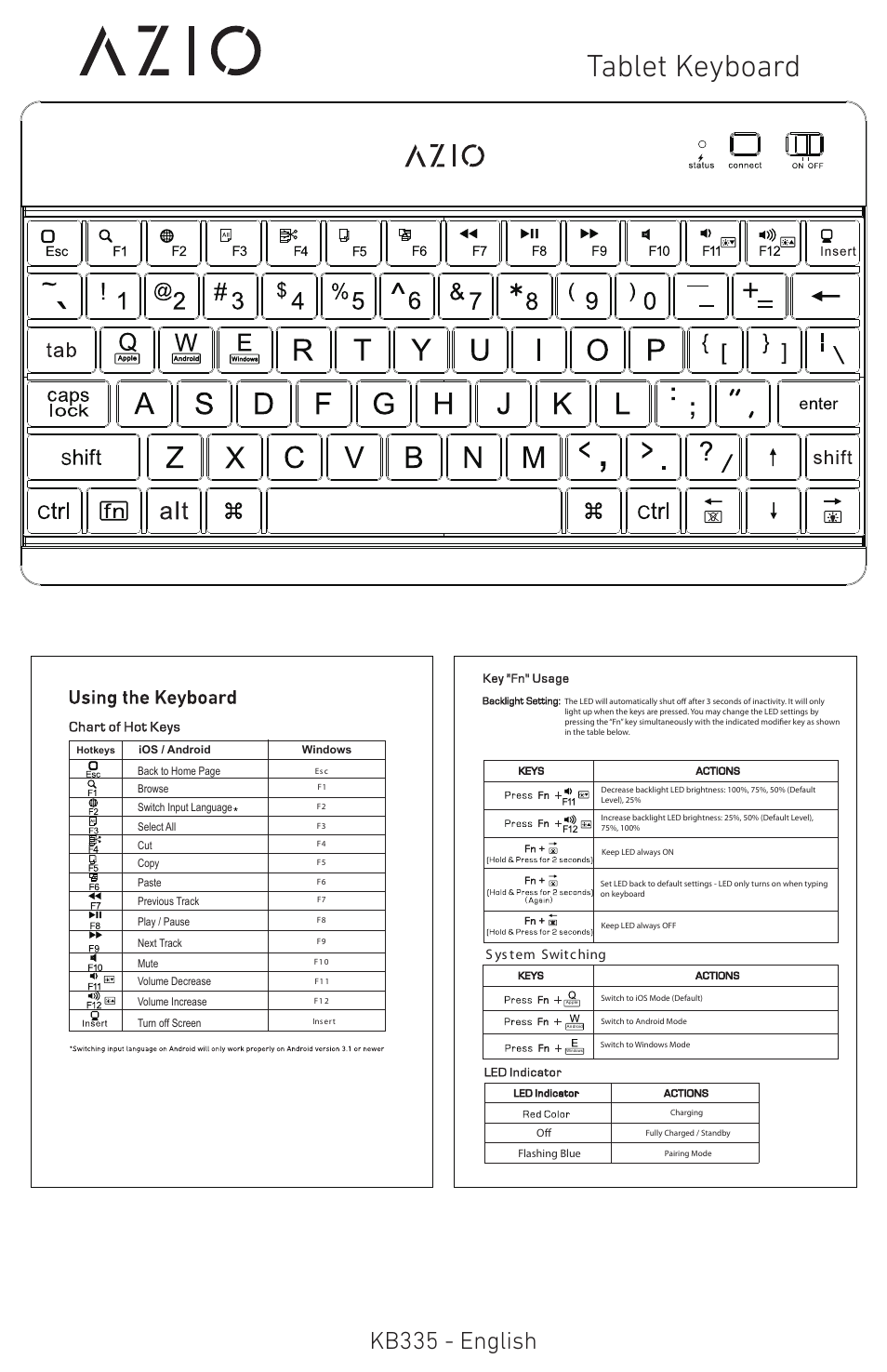 Tablet keyboard, Kb335 - english, S ys tem switching | Azio Backlit Bluetooth Tablet Keyboard (KB335) User Manual | Page 3 / 5