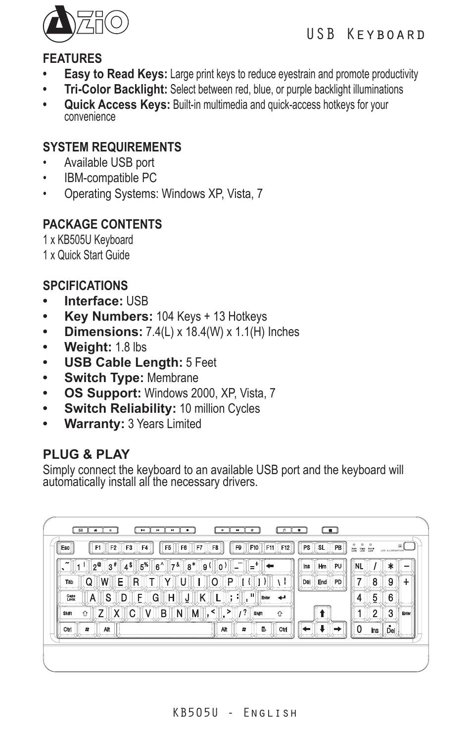 Usb keyboard | Azio Large Print 3 Color Backlit Keyboard (KB505U) User Manual | Page 2 / 4