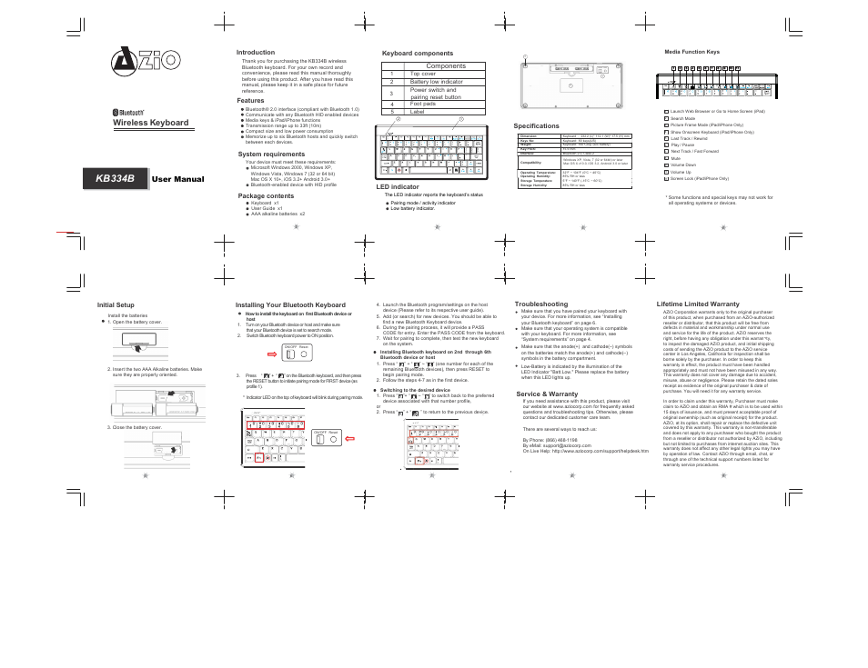 Azio Bluetooth Wireless Mini Keyboard (KB334B) User Manual | 1 page