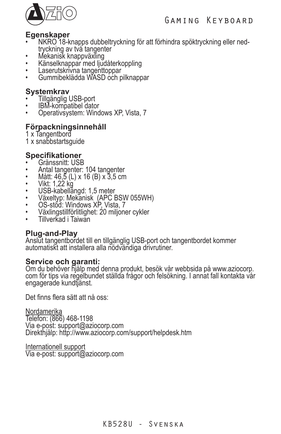 Gaming keyboard | Azio Levetron Clicker Mechanical Keyboard (KB528U) User Manual | Page 14 / 20