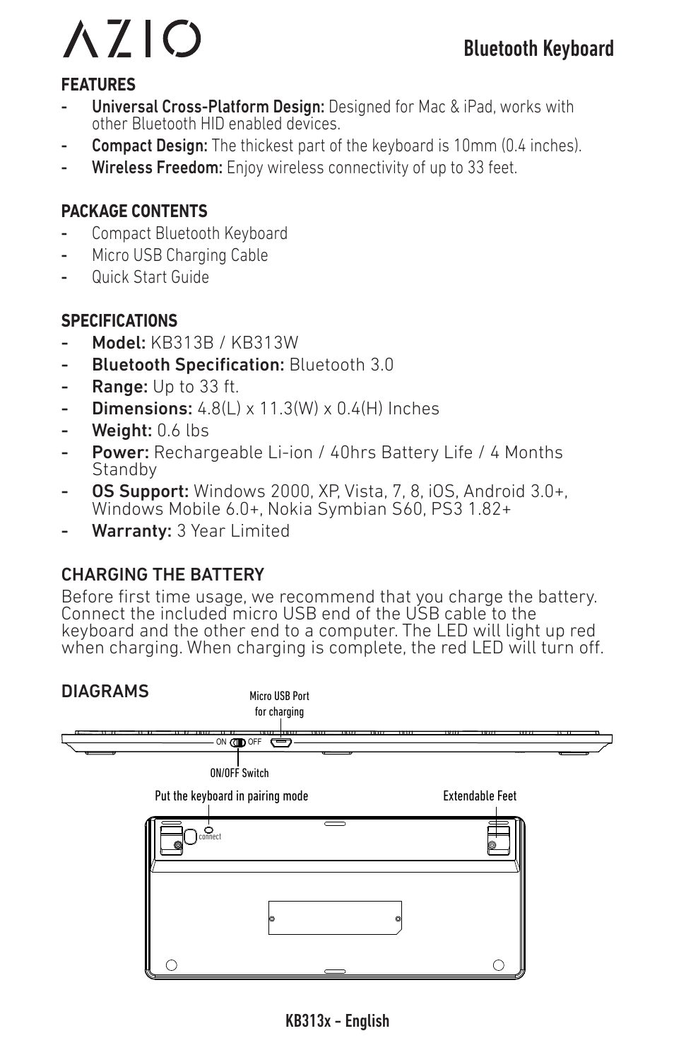 Bluetooth keyboard | Azio Compact Bluetooth Keyboard (KB313B) User Manual | Page 2 / 5