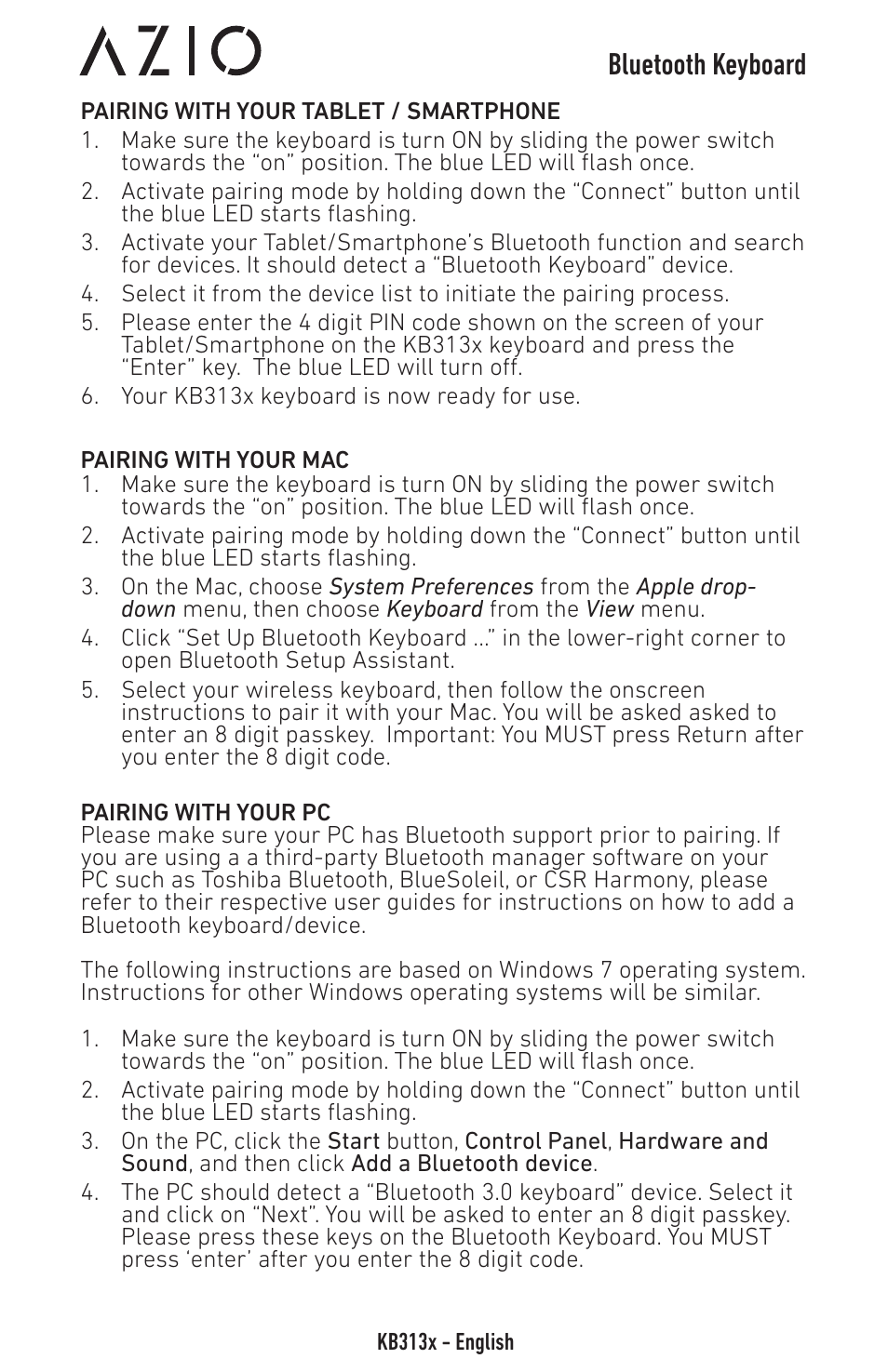 Bluetooth keyboard | Azio Compact Bluetooth Keyboard (KB313B) User Manual | Page 3 / 5