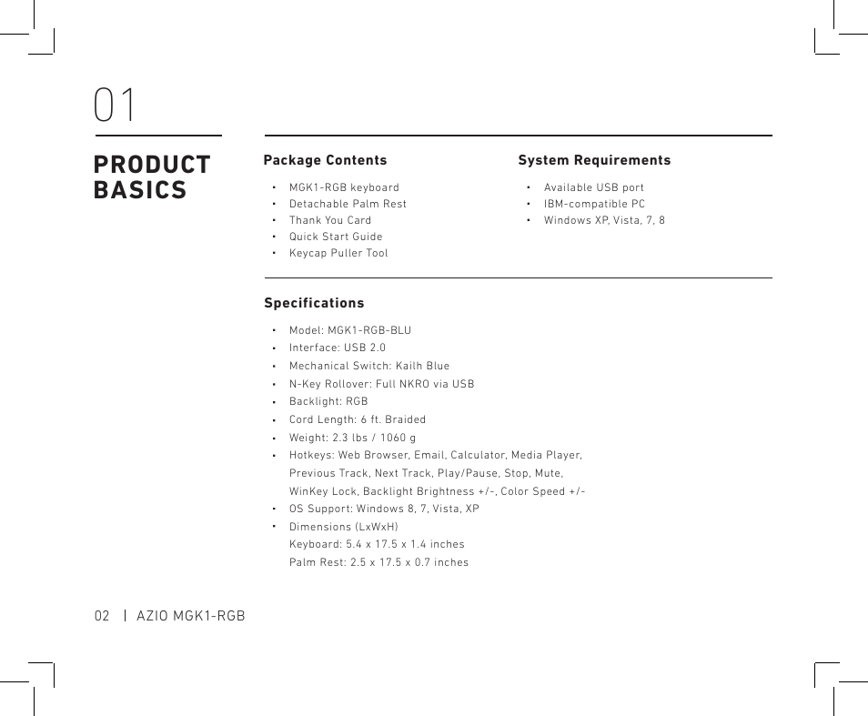 Product basics | Azio MGK1 RGB Backlit Mechanical Gaming Keyboard (MGK1-RGB) User Manual | Page 4 / 16