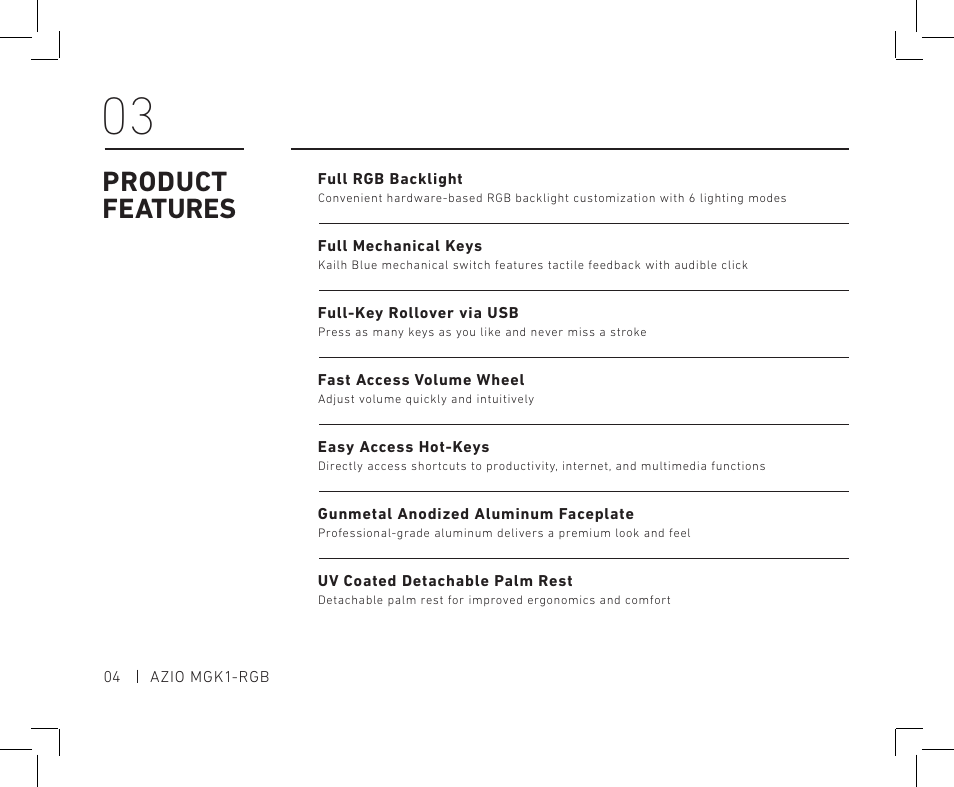 Product features | Azio MGK1 RGB Backlit Mechanical Gaming Keyboard (MGK1-RGB) User Manual | Page 6 / 16