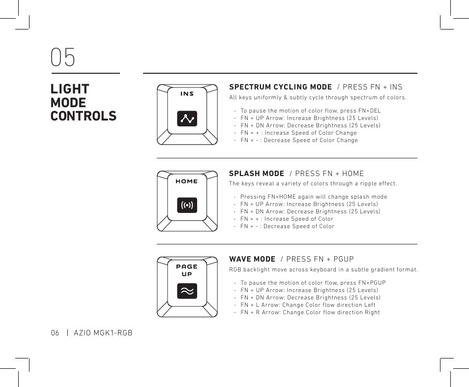 Light mode controls | Azio MGK1 RGB Backlit Mechanical Gaming Keyboard (MGK1-RGB) User Manual | Page 8 / 16