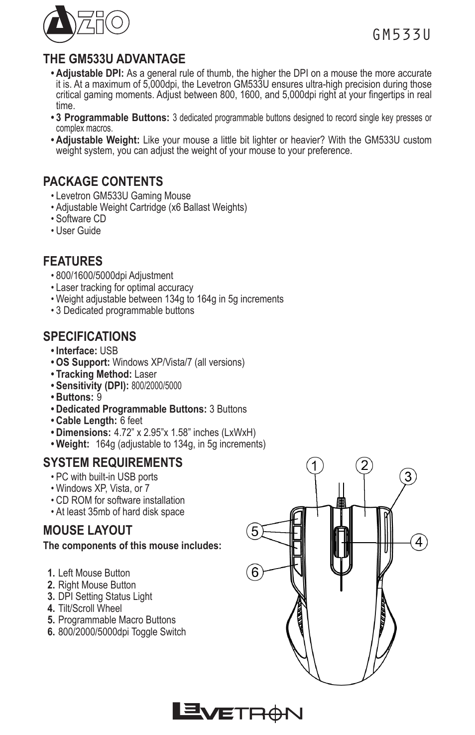 Gm533u, The gm533u advantage, Package contents | Features, Specifications, System requirements, Mouse layout | Azio Levetron 5000dpi Programmable Gaming Mouse (GM533U) User Manual | Page 2 / 10