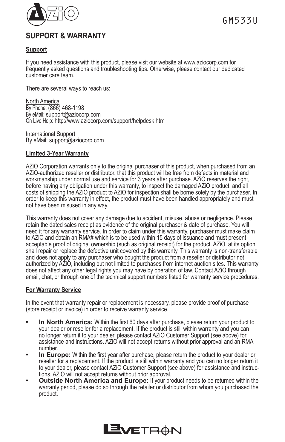 Gm533u, Support & warranty | Azio Levetron 5000dpi Programmable Gaming Mouse (GM533U) User Manual | Page 9 / 10