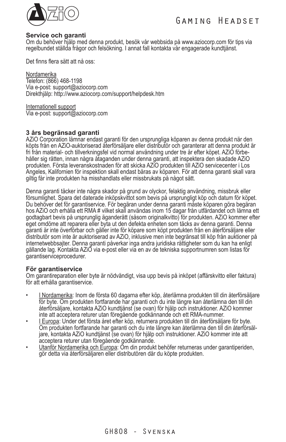 Gaming headset, Gh808 - svenska | Azio Levetron GH808 USB Gaming Headset (GH808) User Manual | Page 29 / 30
