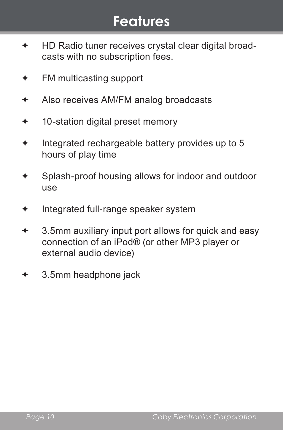Features | COBY HDR-700 User Manual | Page 10 / 28