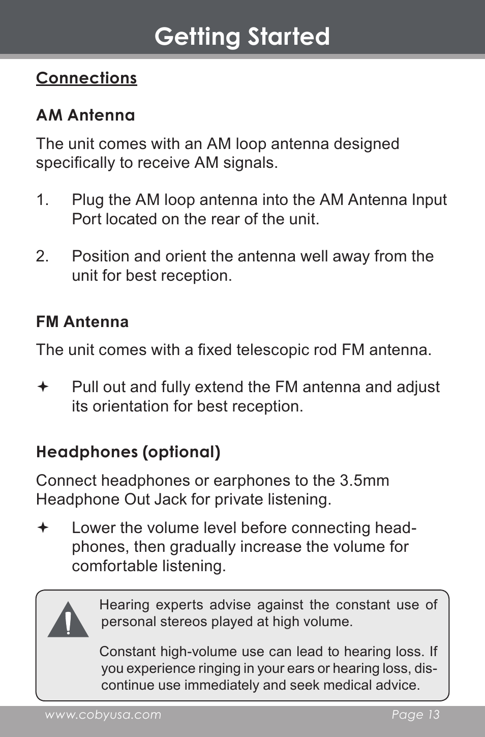 Connections, Am antenna, Fm antenna | Headphones (optional), Getting started | COBY HDR-700 User Manual | Page 13 / 28
