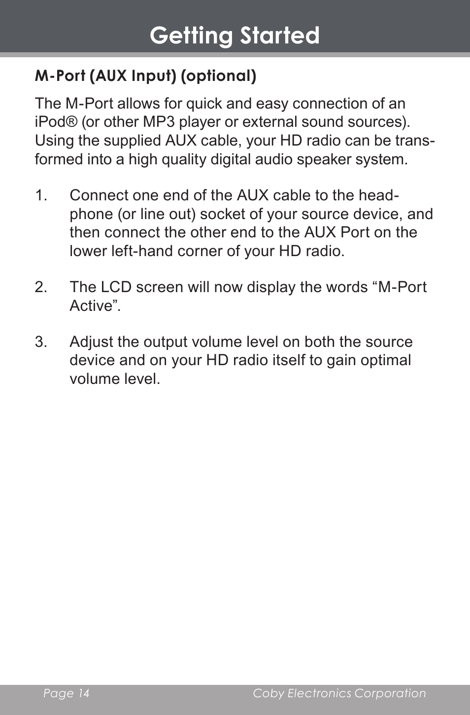 M-port (aux input) (optional), Getting started | COBY HDR-700 User Manual | Page 14 / 28
