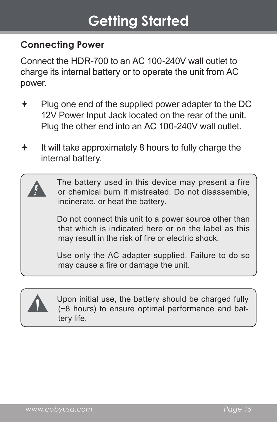 Connecting power, Getting started | COBY HDR-700 User Manual | Page 15 / 28