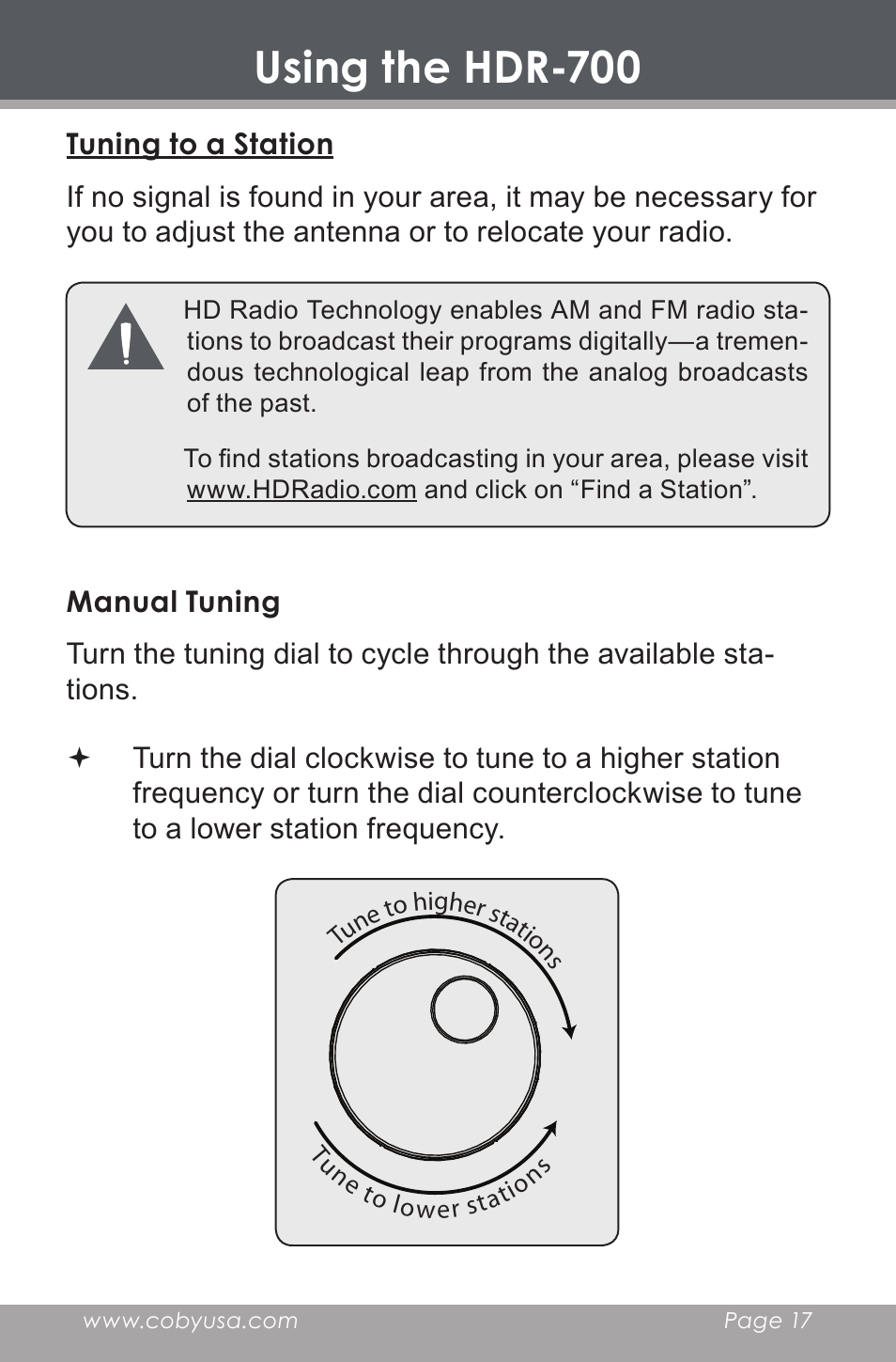 Tuning to a station, Manual tuning, Using the hdr-700 | COBY HDR-700 User Manual | Page 17 / 28