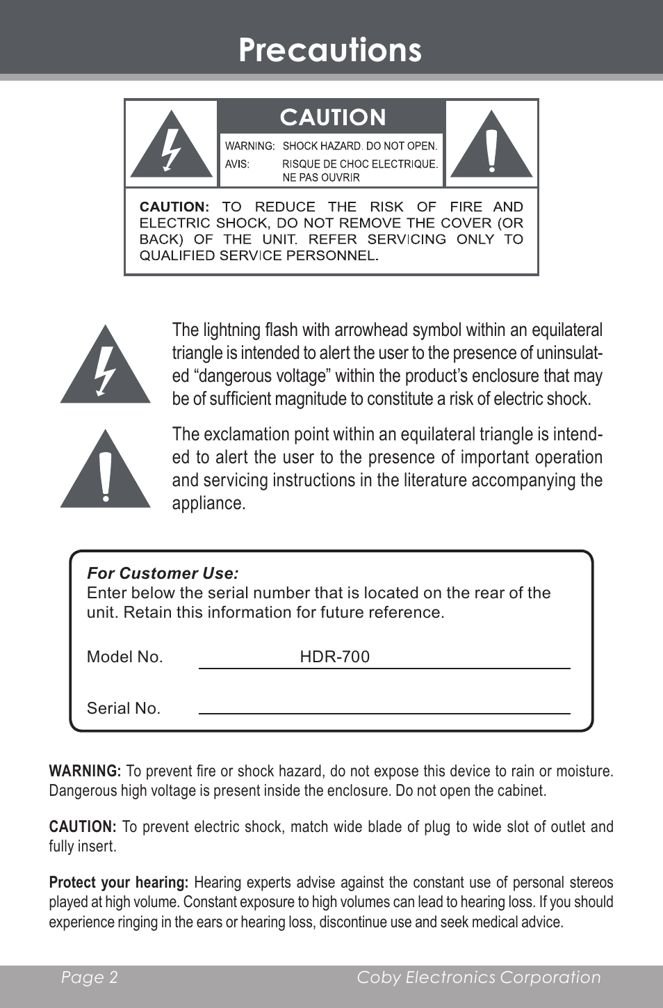 Precautions | COBY HDR-700 User Manual | Page 2 / 28