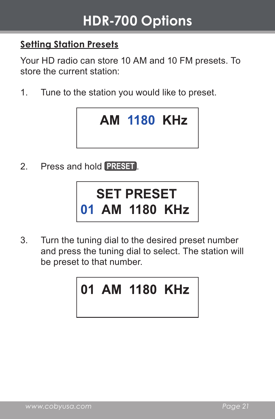 Hdr-700 options, Setting station presets, Am 1180 khz | COBY HDR-700 User Manual | Page 21 / 28