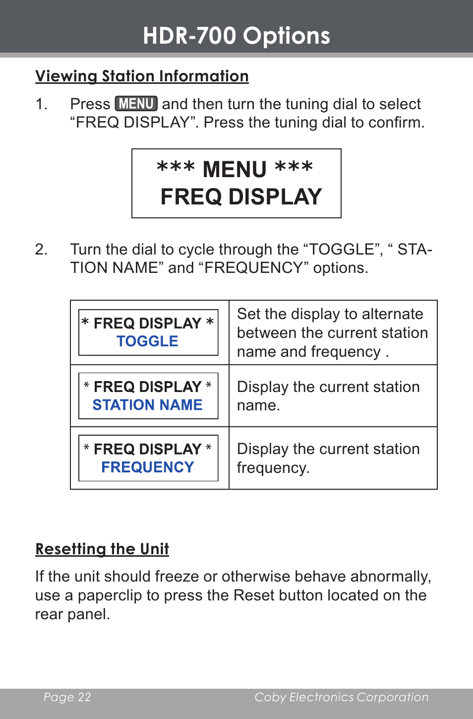 Viewing station information, Resetting the unit, Hdr-700 options | Menu *** freq display | COBY HDR-700 User Manual | Page 22 / 28