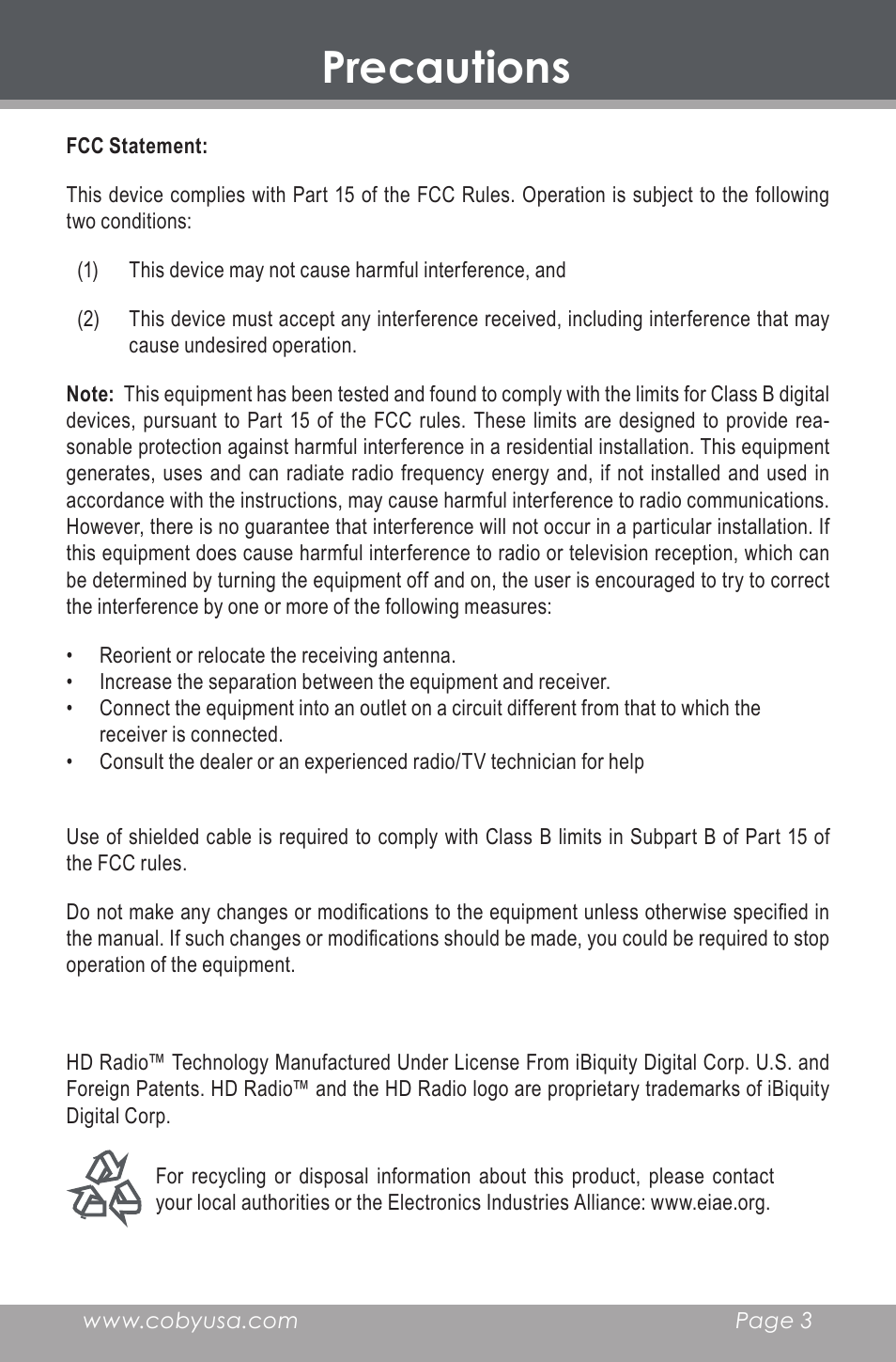 Precautions | COBY HDR-700 User Manual | Page 3 / 28