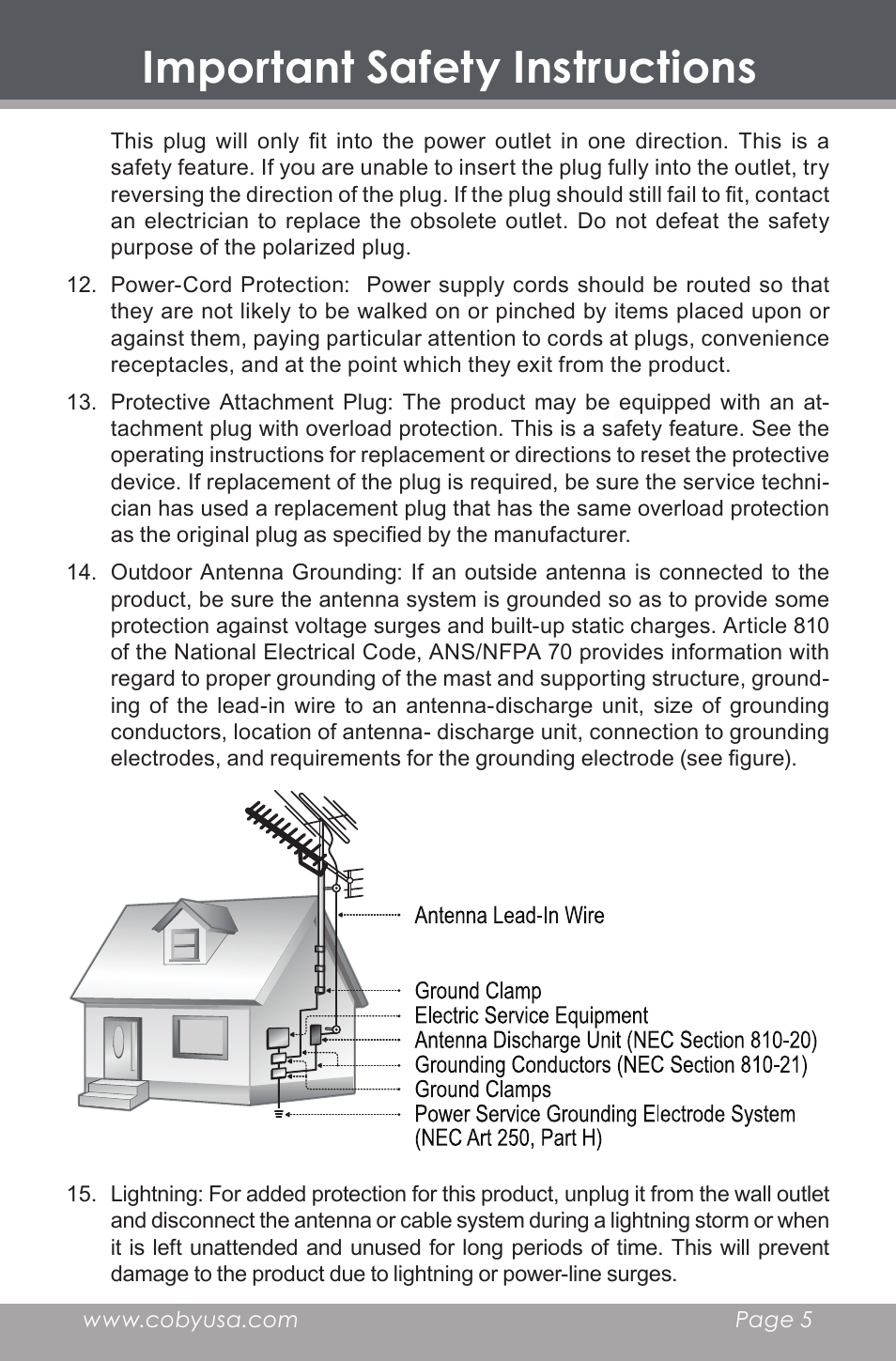 Important safety instructions | COBY HDR-700 User Manual | Page 5 / 28
