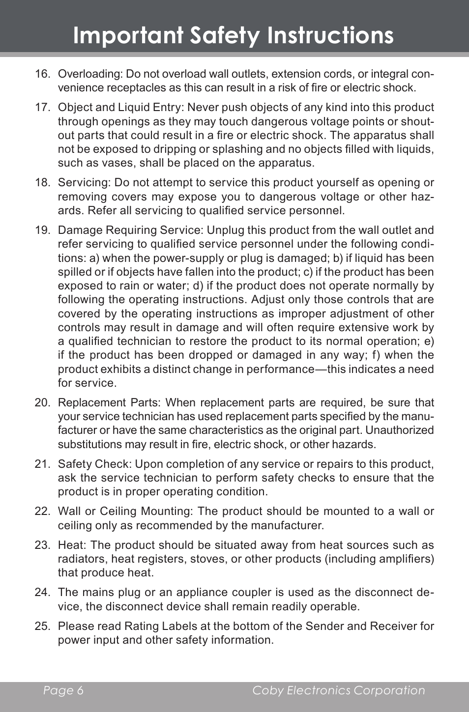 Important safety instructions | COBY HDR-700 User Manual | Page 6 / 28