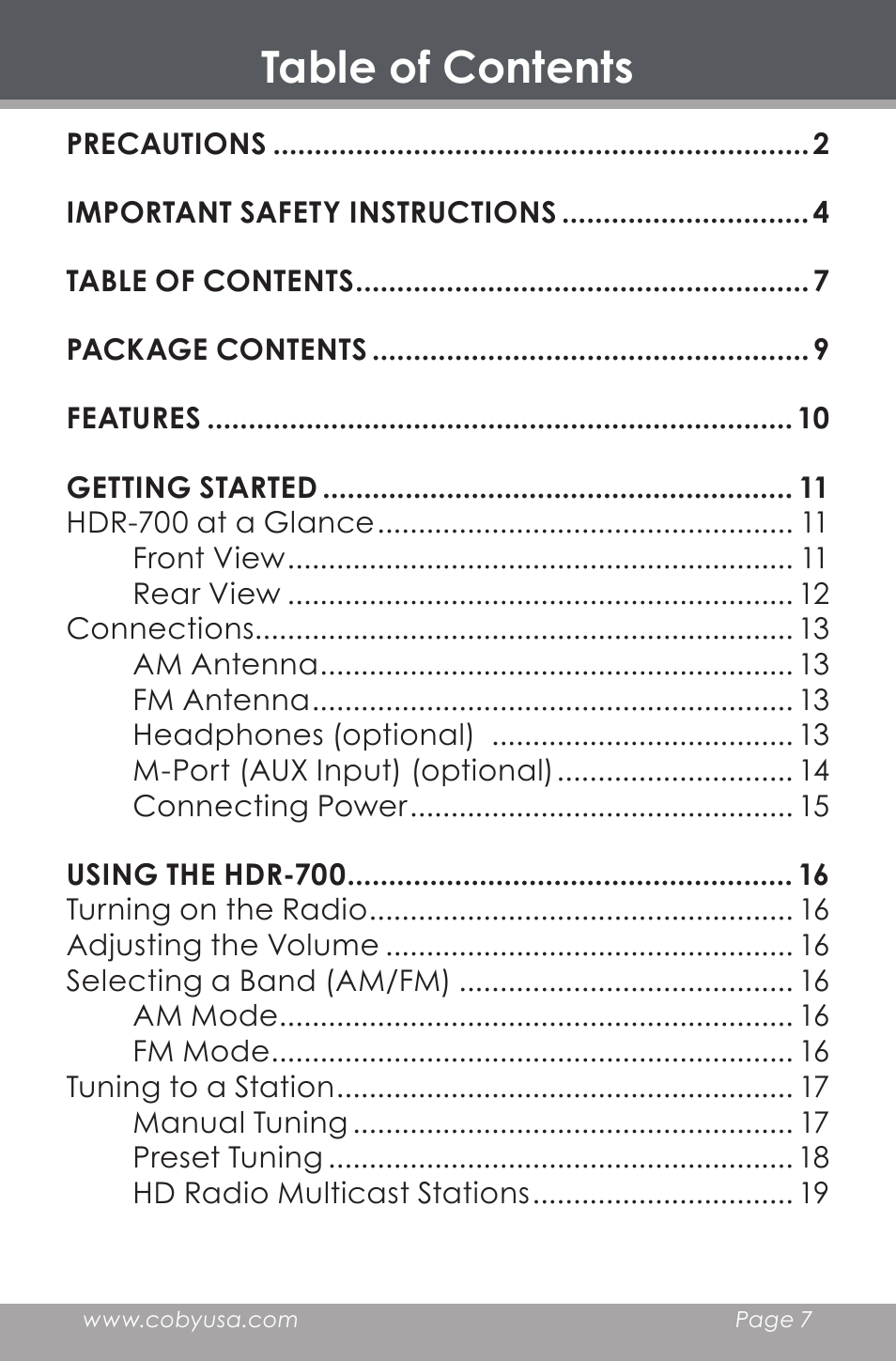 COBY HDR-700 User Manual | Page 7 / 28