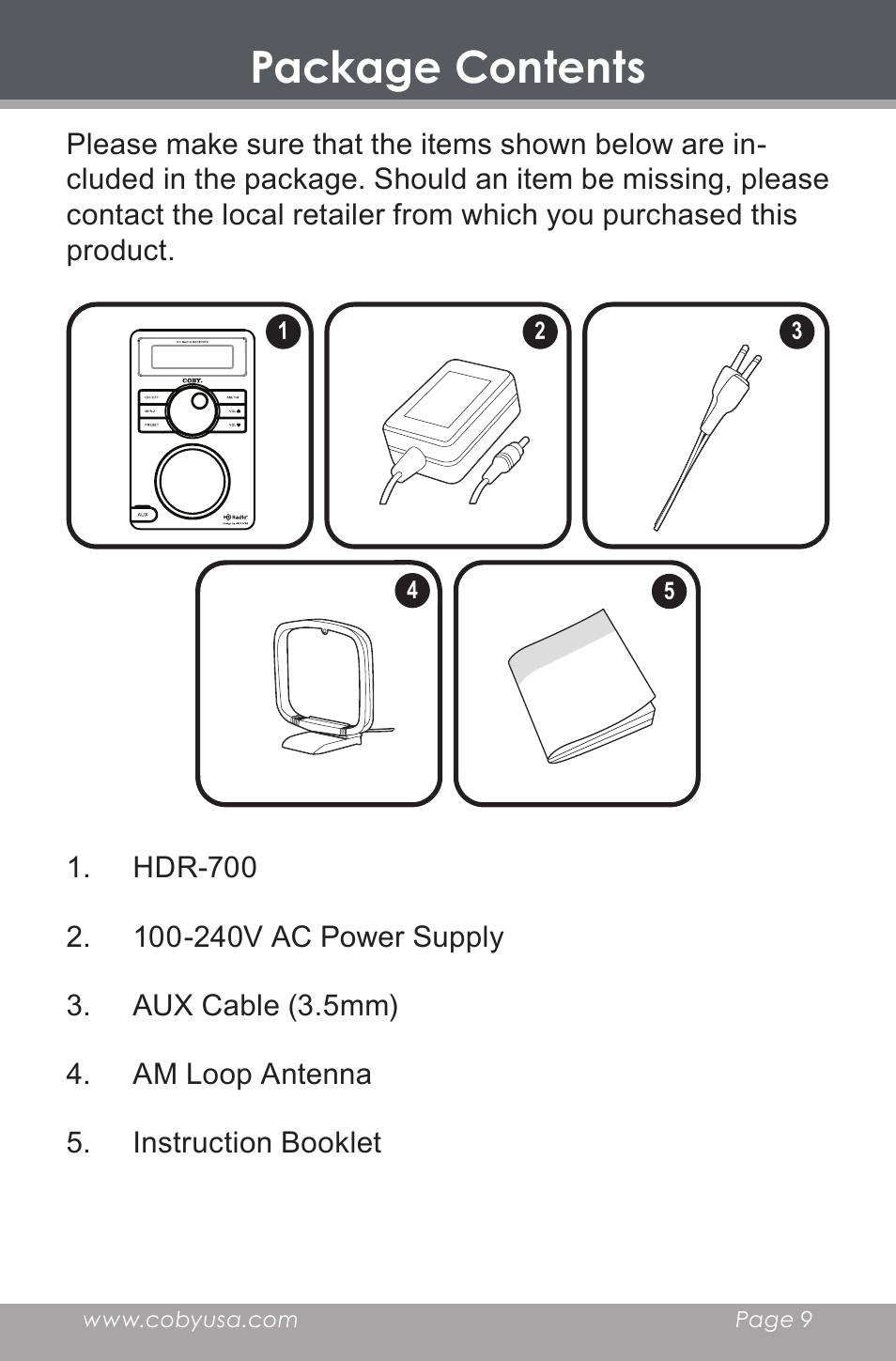 Package contents | COBY HDR-700 User Manual | Page 9 / 28