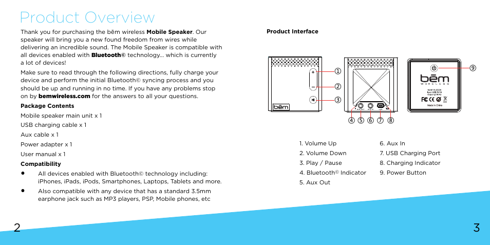 Product overview | Bem Wireless Mobile Speaker User Manual | Page 2 / 9