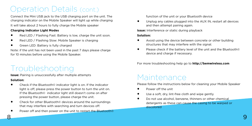 Troubleshooting, Operation details, Maintenance | Cont.) | Bem Wireless Mobile Speaker User Manual | Page 5 / 9