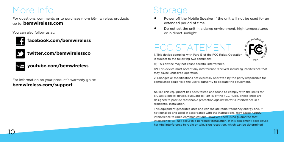 More info, Fcc statement, Storage | Bem Wireless Mobile Speaker User Manual | Page 6 / 9