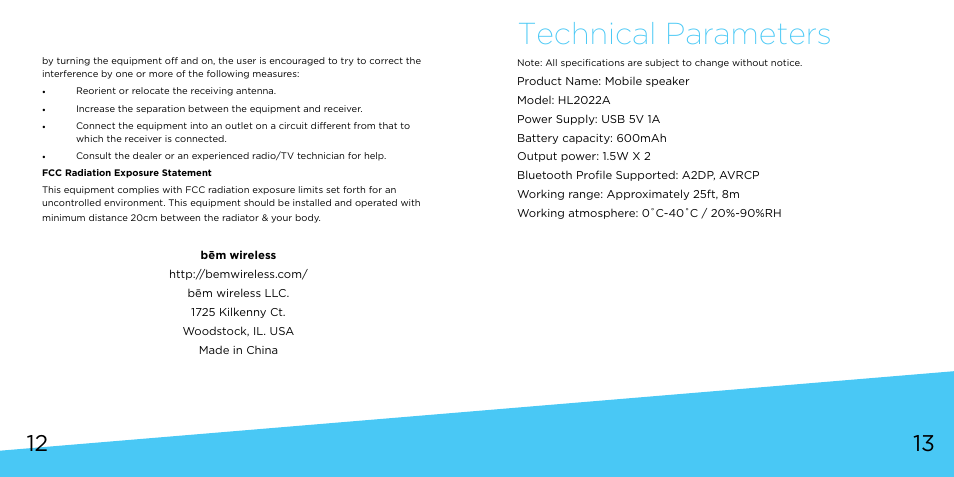 Technical parameters | Bem Wireless Mobile Speaker User Manual | Page 7 / 9