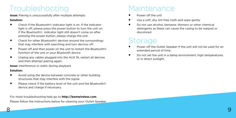 Troubleshooting maintenance, Storage | Bem Wireless Outlet Speaker User Manual | Page 5 / 9