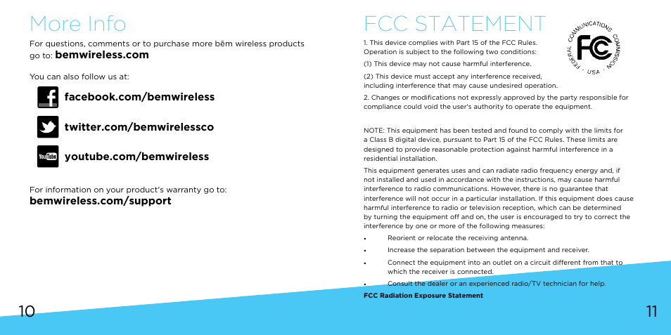 More info fcc statement | Bem Wireless Outlet Speaker User Manual | Page 6 / 9