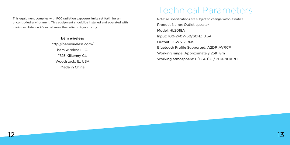Technical parameters | Bem Wireless Outlet Speaker User Manual | Page 7 / 9