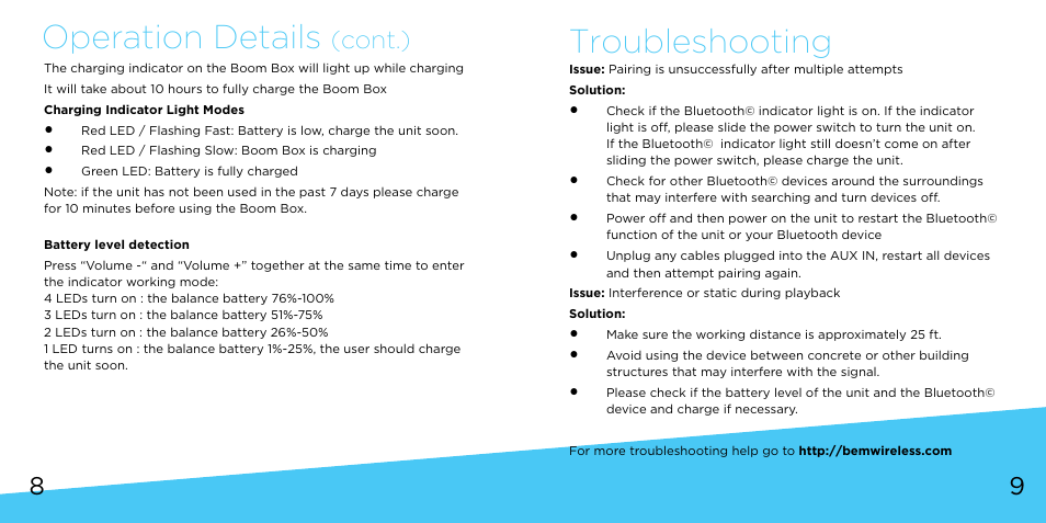 Operation details, Troubleshooting, Cont.) | Bem Wireless Boom Box User Manual | Page 5 / 9