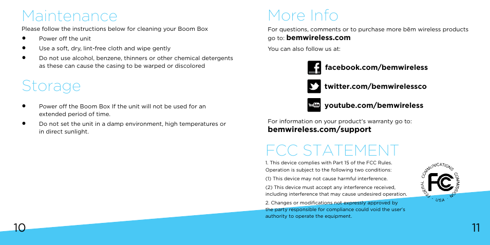 More info, Maintenance, Storage fcc statement | Bem Wireless Boom Box User Manual | Page 6 / 9