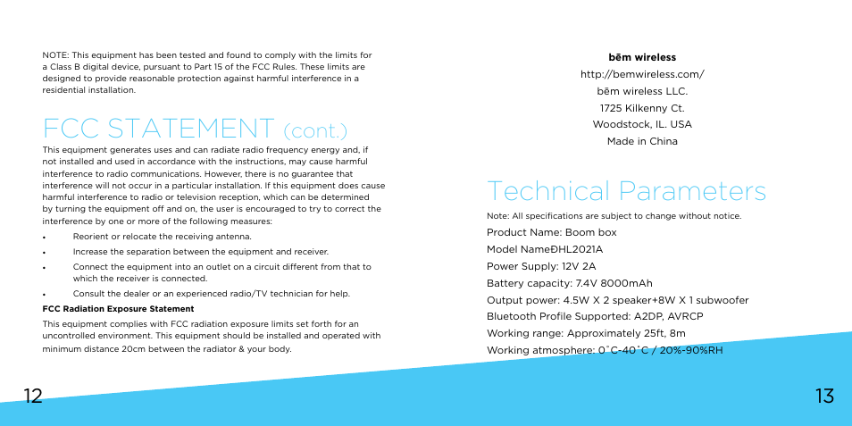 Fcc statement, Technical parameters, Cont.) | Bem Wireless Boom Box User Manual | Page 7 / 9