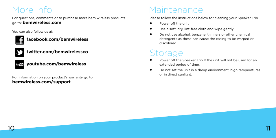 More info, Storage, Maintenance | Bem Wireless Speaker Trio User Manual | Page 6 / 9
