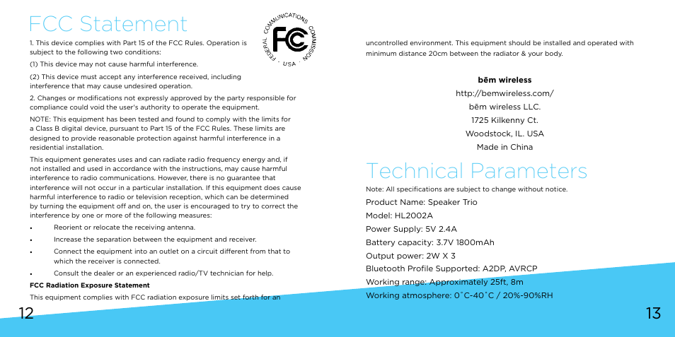 Technical parameters, Fcc statement | Bem Wireless Speaker Trio User Manual | Page 7 / 9