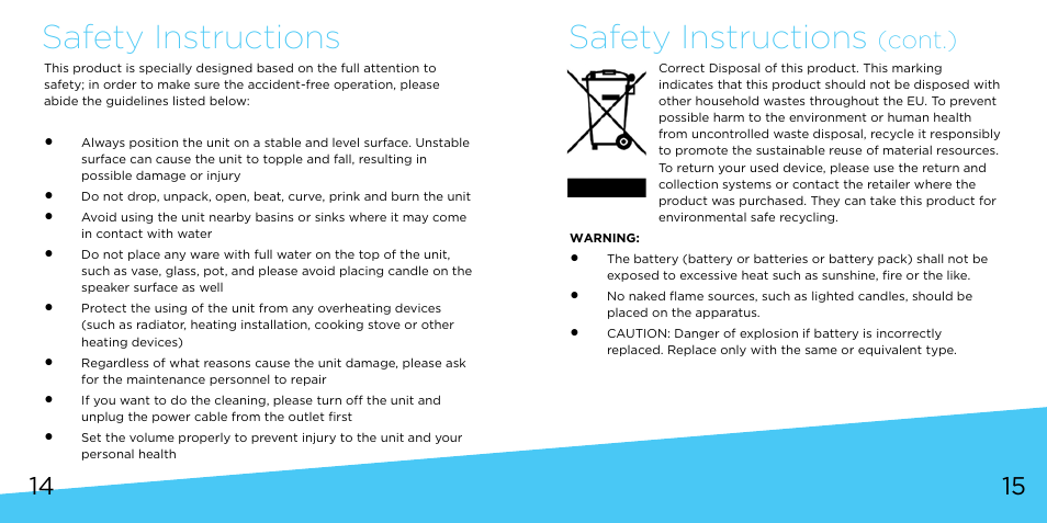 Safety instructions, Cont.) | Bem Wireless Speaker Trio User Manual | Page 8 / 9