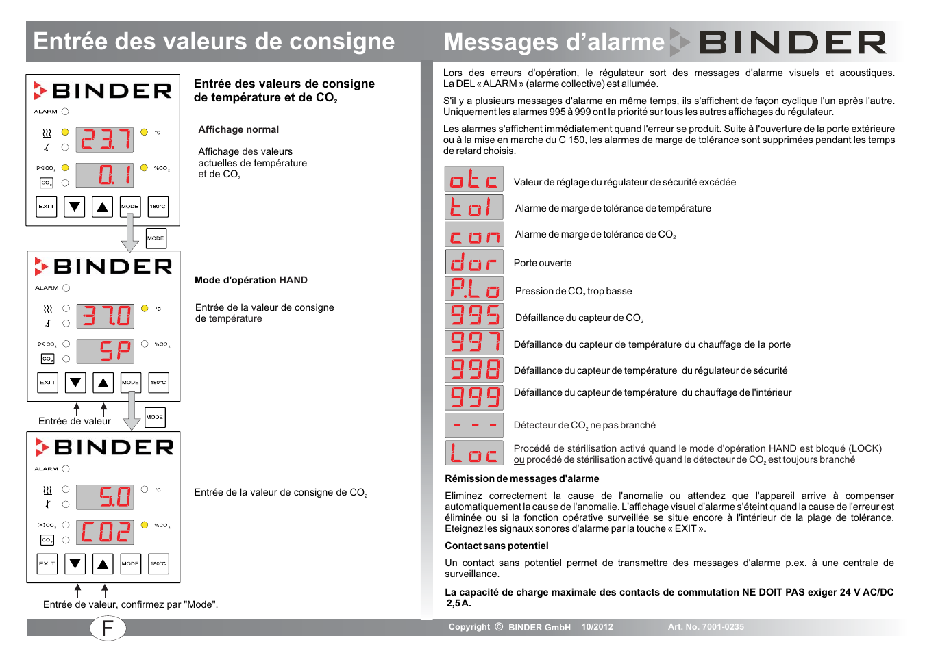 Messages d’alarme, Entrée des valeurs de consigne | BINDER C 150 User Manual | Page 11 / 20