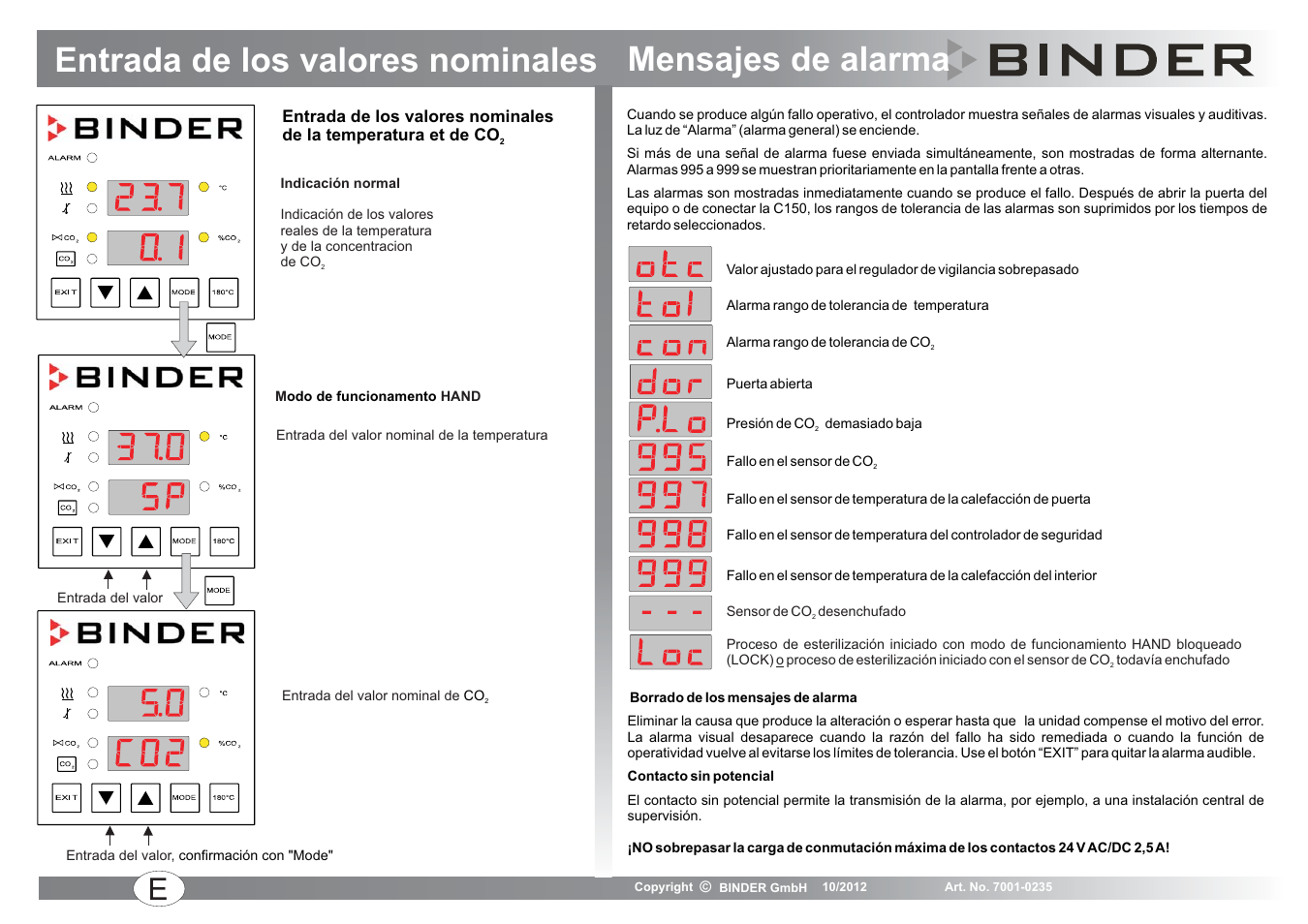 Entrada de los valores nominales, Mensajes de alarma | BINDER C 150 User Manual | Page 15 / 20