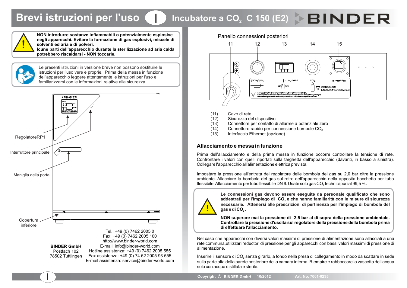 Brevi istruzioni per l'uso, Incubatore a co c 150 (e2) | BINDER C 150 User Manual | Page 17 / 20