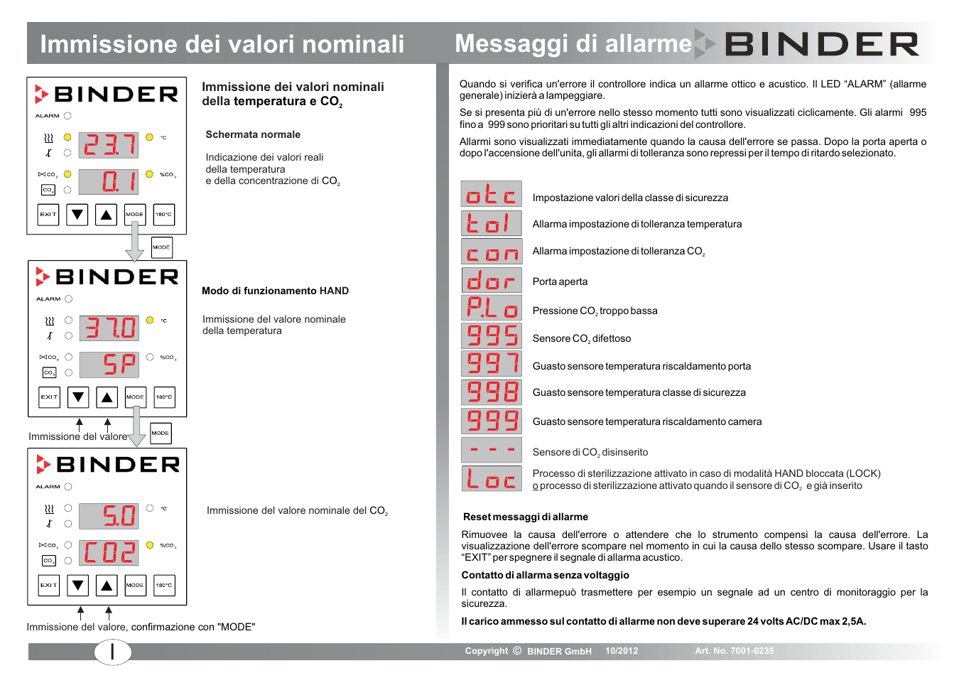 Immissione dei valori nominali, Messaggi di allarme | BINDER C 150 User Manual | Page 19 / 20