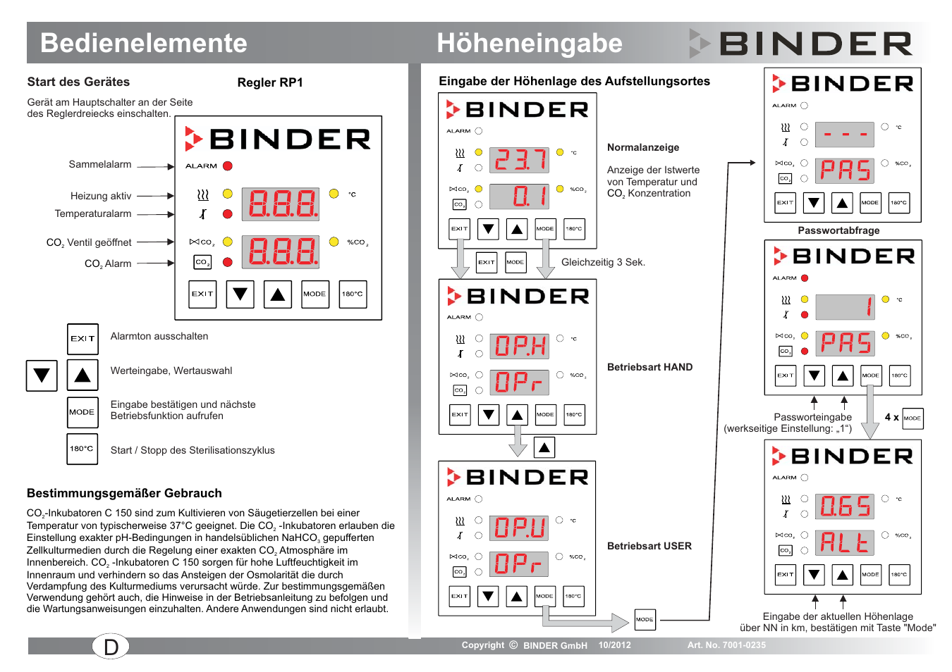 Bedienelemente höheneingabe | BINDER C 150 User Manual | Page 2 / 20