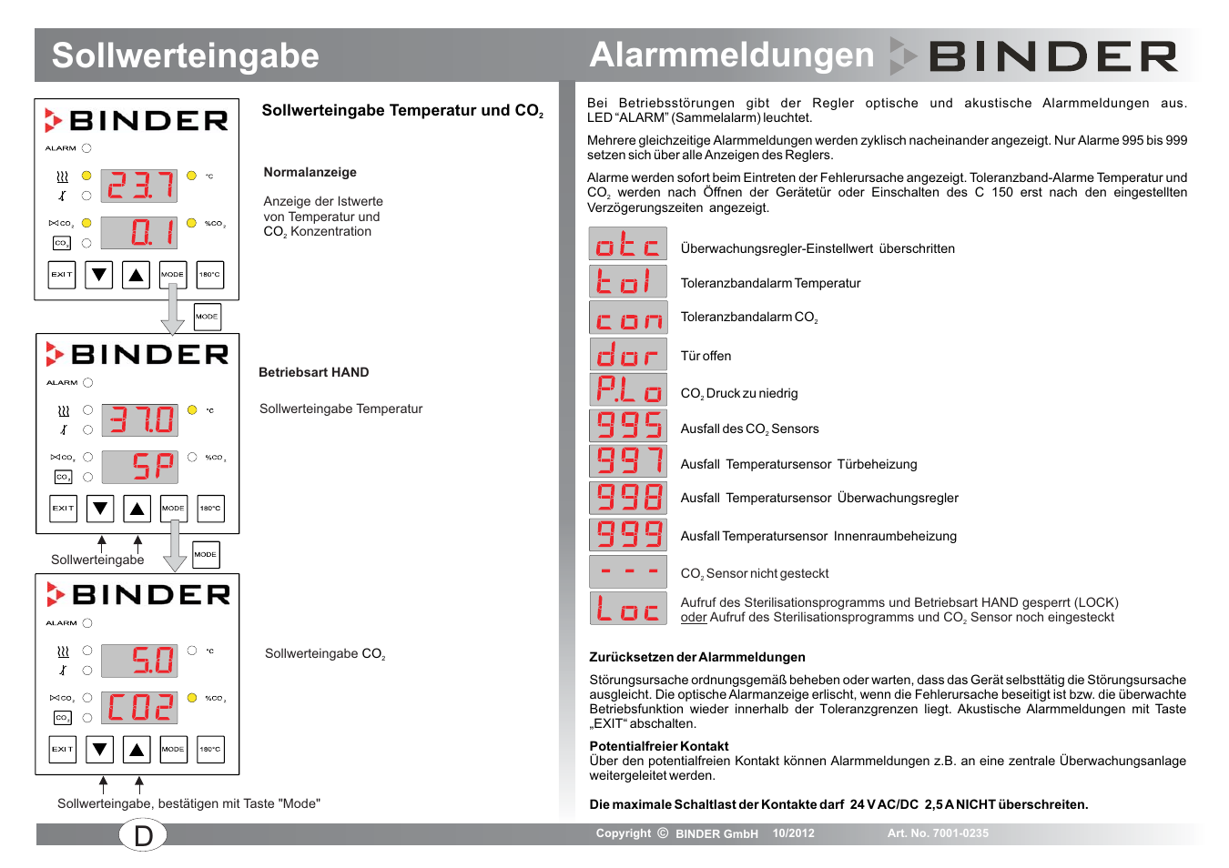 Alarmmeldungen, Sollwerteingabe | BINDER C 150 User Manual | Page 3 / 20