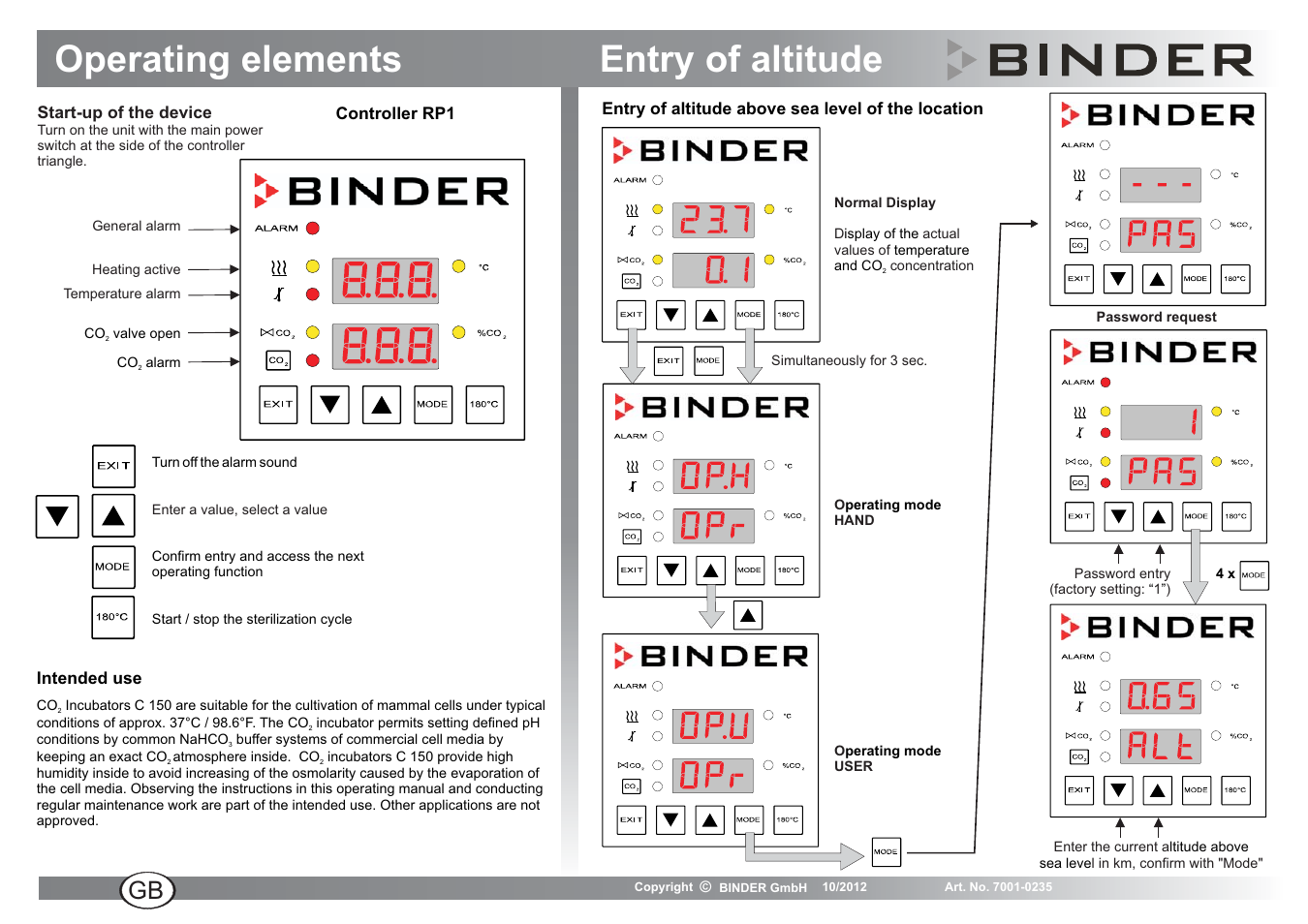 Operating elements entry of altitude | BINDER C 150 User Manual | Page 6 / 20