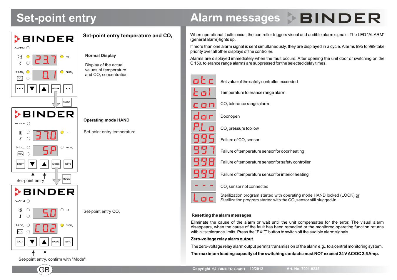 Set-point entry, Alarm messages | BINDER C 150 User Manual | Page 7 / 20